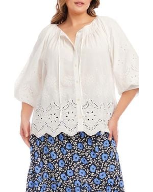 Karen Kane Eyelet Embroidered Cotton Button-Up Top - White