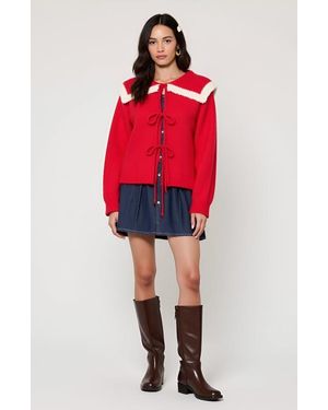 Modenaire Ruffle Collar Knit Sweater With Tie-Front Closures And Contrast Trim - Red