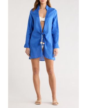 Elan Tie Front Long Sleeve Linen Cover-Up - Blue