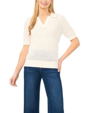 Halogen® Pointelle Short Sleeve Cotton Polo Sweater - Blue