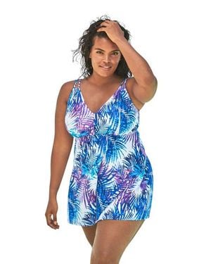 Swim 365 Loop-Strap V-Neck Tummy Control Two-Piece Swim Dress - Blue