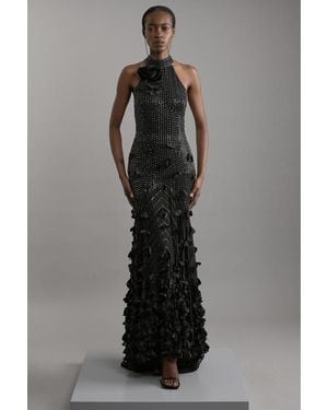 Karen Millen Crystal Rosette Halter-Neck Maxi Dress - Black