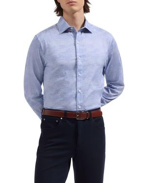 Bugatchi Axel Shaped Fit Mini Check Stretch Cotton Button-Up Shirt - Blue