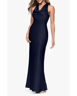 Xscape Evenings Cowl Neck Satin Gown - Blue