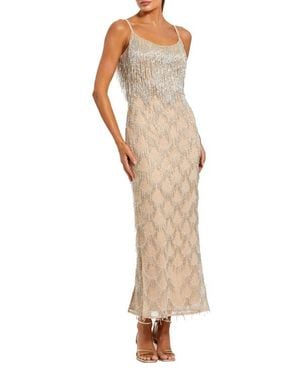 Mac Duggal Thin Strap Fringe Beaded Mesh Dress - Natural