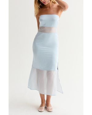 Crescent Satin Mixed Media Tube Midi Dress - Blue