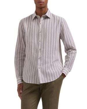 Bugatchi Julian Shaped Fit Stripe Cotton & Linen Button-Up Shirt - Gray