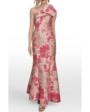 Donna Karan Metallic One-Shoulder Jacquard Mermaid Gown - Red