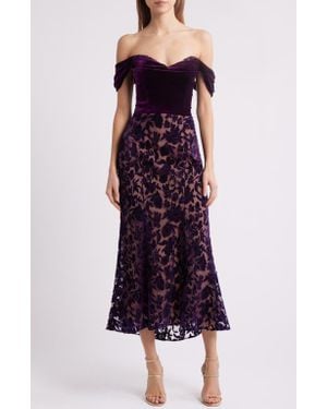 Marchesa Floral Burnout Velvet Cocktail Dress - Purple