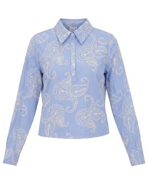 Noni Daily Embroidered Stripe Bubble Sleeve Button Blouse - Blue
