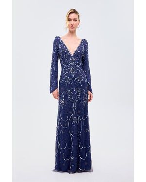 Beauut Deep Neck Embellished Sequins Maxi Dress - Blue