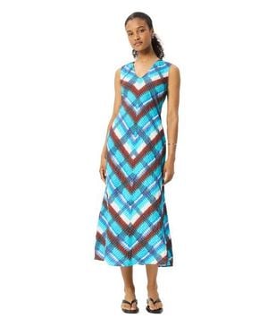 Whistles Checked V-Neck Textured Dress - Blue