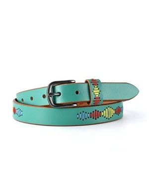 Old Trend Boho Genuine Leather Stitched Perforated Detail Belt - Green