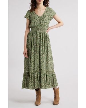 Treasure & Bond Print Smocked Waist Ruffle Hem Maxi Dress - Green