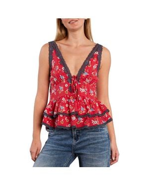 Billy T Lace Trim Cotton Blend Top - Red