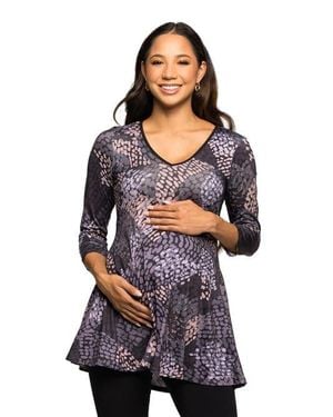 24seven Comfort Apparel Abstract Print V-Neck Three Quarter Sleeve Tunic Top - Blue