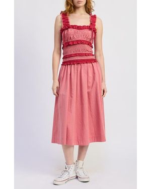 JACQUIE THE LABEL Ada Micro Dot Tiered Ruffle Trim Midi Dress