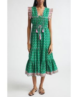 MILLE Esme Mixed Print Tassel Tie Cottton Midi Dress - Green