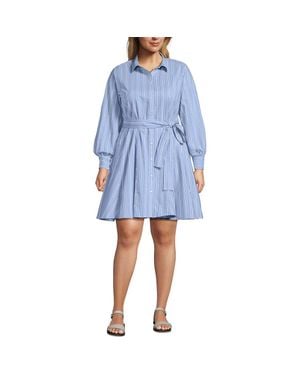 Lands' End Plus Size Poplin Button Front Dress With Godets - Blue