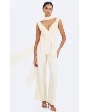 Miss Circle Harper Ruched V-Neck Jumpsuit With Scarf - White