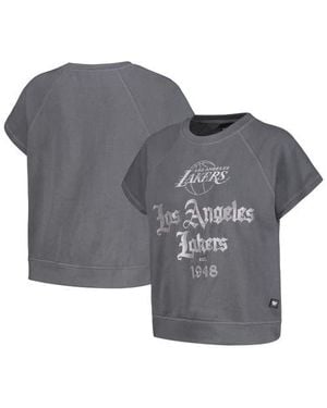 The Wild Collective Los Angeles Lakers Embroidered Fleece Raglan Short Sleeve Pullover Sweatshirt - Gray