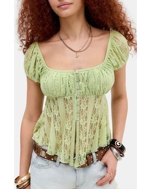 BDG Piper Asymmetric Hem Sheer Stretch Lace Top - Green