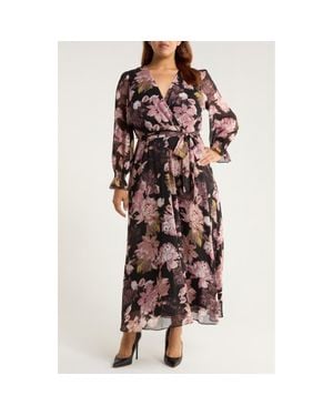 Anne Klein Metallic Long Sleeve Faux Wrap Maxi Dress - Multicolor