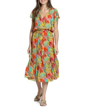 Apny Print Short Sleeve Midi Dress - Multicolor