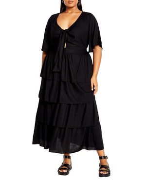 City Chic Maya Tie Front Tiered Midi Dress - Black