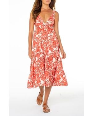Roxy Tula Monstera Print Tiered Open Back Midi Dress
