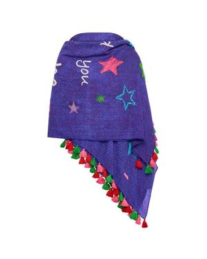 Maison Common Printed And Embroidered Scarf With Tassels With Message - Blue