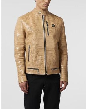 Philipp Plein Leather Moto Jacket Cocco - Natural