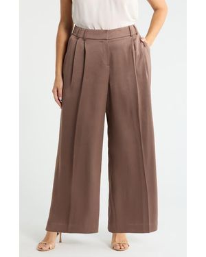 Tahari Pleated Satin Wide Leg Pants - Brown