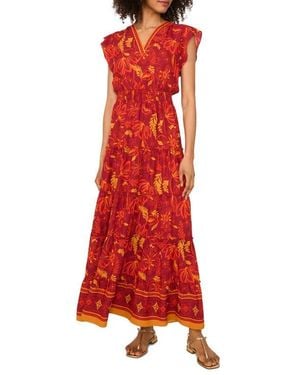 Vince Camuto Flutter Sleeve V Neck Placket Tiered Maxi Dress