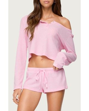 Edikted Teddy Off The Shoulder Waffle Knit Crop Top - Pink