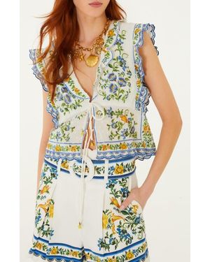 FARM Rio Emily Floral Deep V-Neck Tie Front Top - White