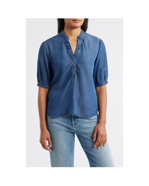 Cloth & Stone Puff Sleeve Half Placket Chambray Top - Blue
