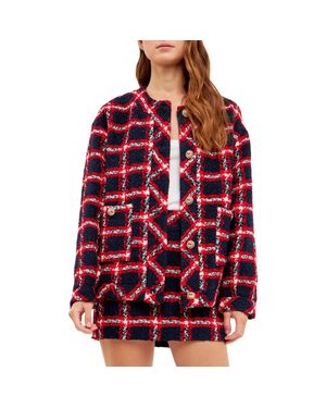 English Factory Plaid Bouclé Tweed Jacket - Red