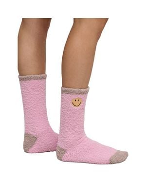 Barefoot Dreams Cozychic Smiley Assorted 2-Pack Ribbed Crew Socks - Pink