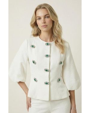 Modenaire Embellished Puff Sleeve Button Jacket - White