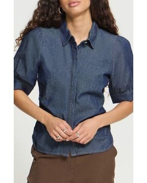 Ichi Archer Puff Sleeve Denim Shirt - Blue