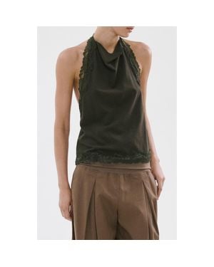 Mango Kristen Draped Lace Detail Cotton Halter Top - Green