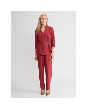 Misook Buckle Detail Crepe Wrap Blouse - Red