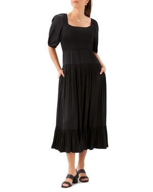 Karen Kane Smocked Puff Sleeve Midi Dress - Black