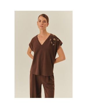 Exquise Oaklyn T-Shirt Polished Embellished Cotton Tee - Brown