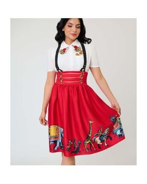 Unique Vintage Suspender Swing Skirt - Red