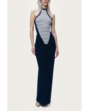 Nocturne Stripe Draped Halter Neck Maxi Dress - Blue