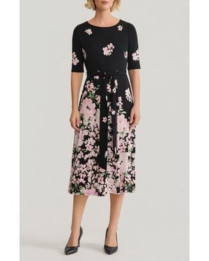 Kasper Floral Tie Belt A-Line Dress - Black