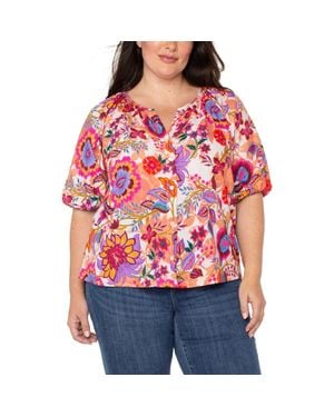 Liverpool Los Angeles Floral Print Puff Sleeve Button-Up Shirt - Red