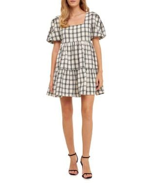 English Factory Gingham Puff Sleeve Tweed Minidress - White